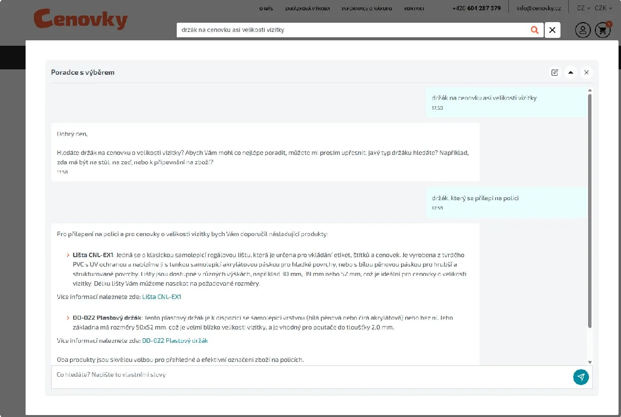 Rozhovor v okně Poradce s výběrem: zákazník hledá držák na cenovku velikosti vizitky a poradce doporučuje konkrétní lišty