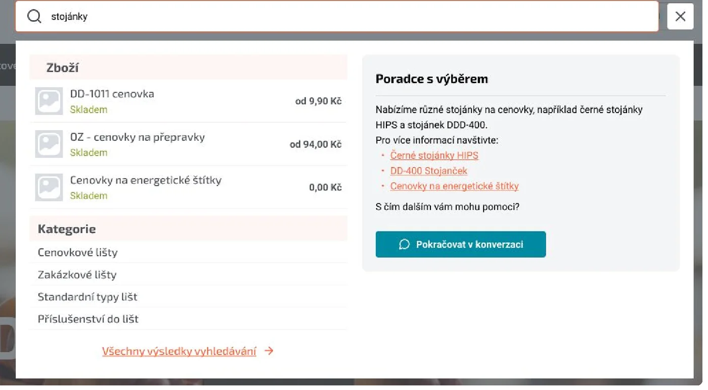 Výsledky vyhledávání „stojánky“ na cenovky.cz: vlevo produkty a kategorie, vpravo doporučení poradce s odkazy